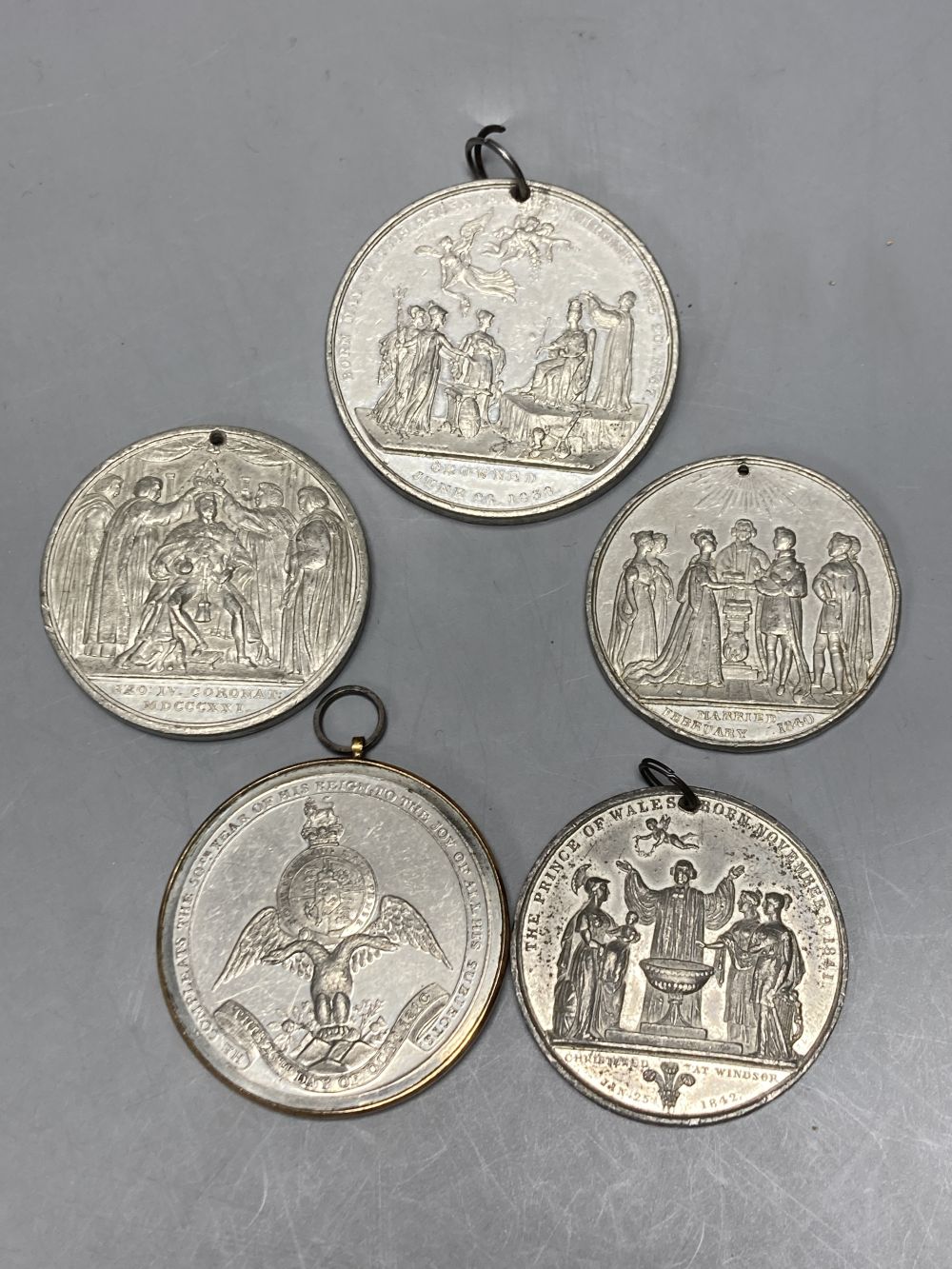 Great Britain, five Royal commemorative tin-lead alloy medals, 1810-1842,